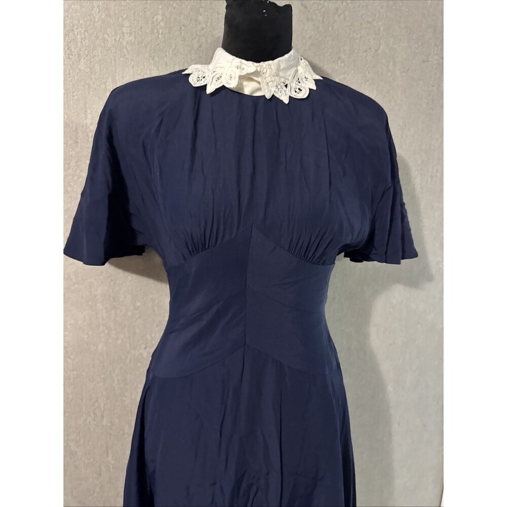 Vtg 80s Nancy Johnson Navy Blue Dress Removable Lace Collar Cottagecore 4